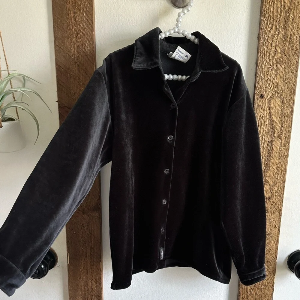 Vintage 90s Oshkosh B’Gosh Genuine Girls Luxurious Black Velvet Button Up Shirt